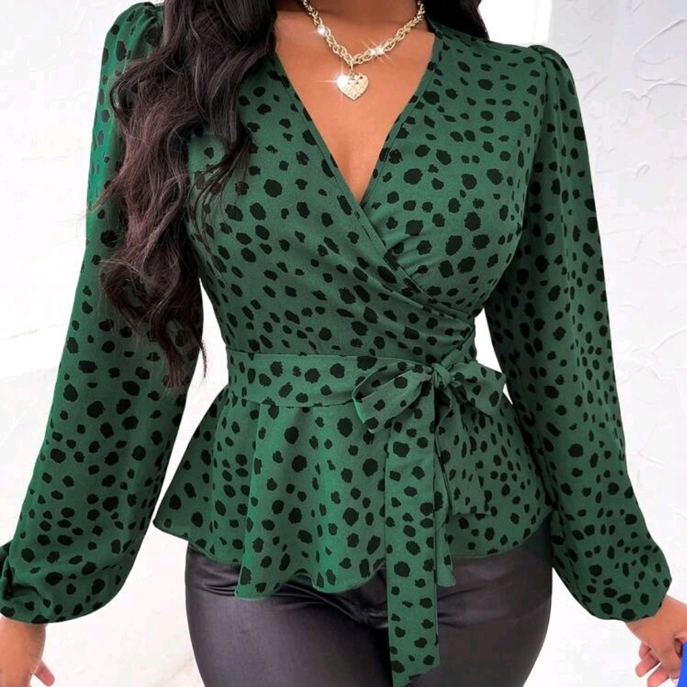 SHEIN Green Wrap Blouse with Tie Front and Peplum